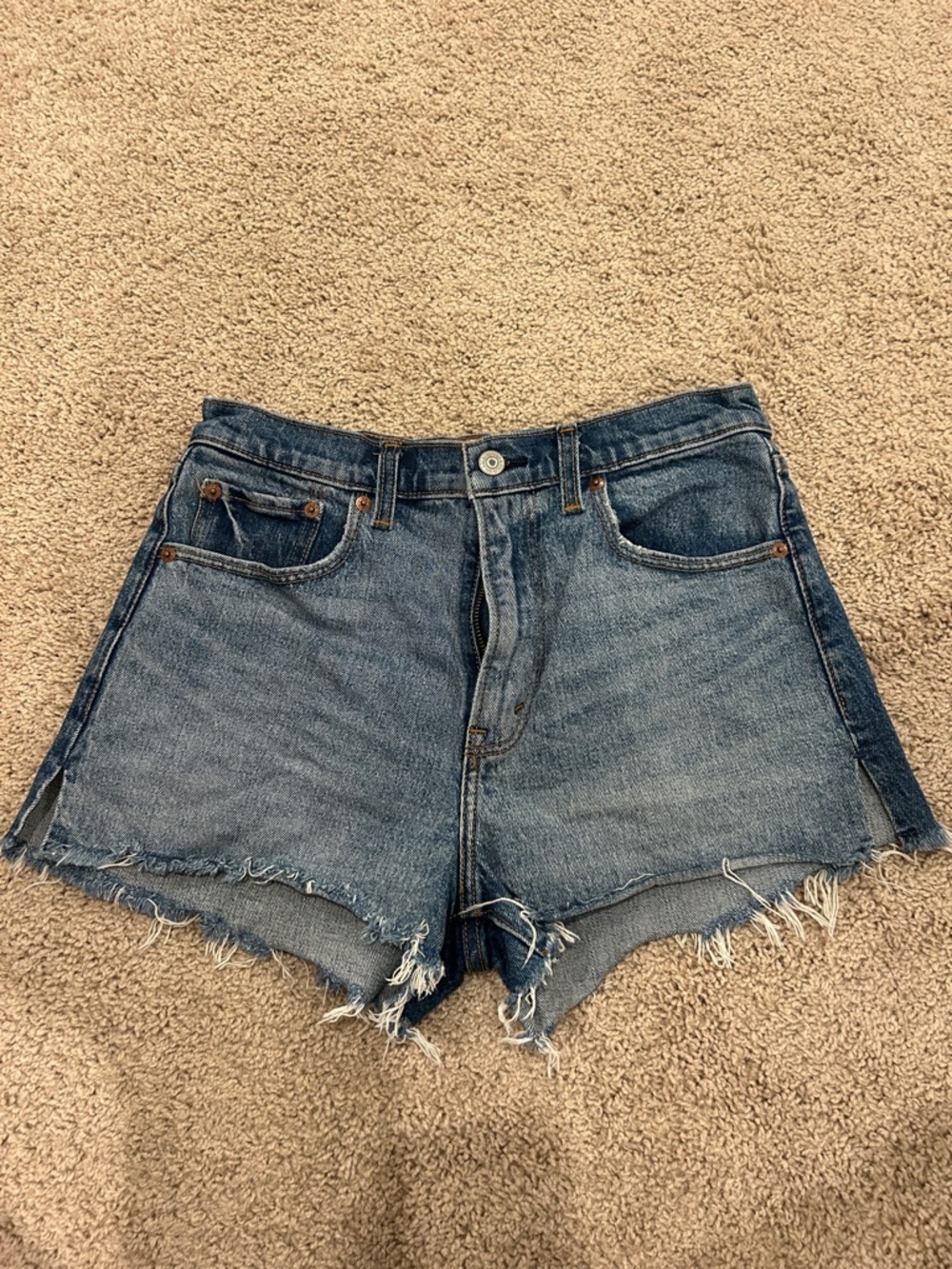 Abercrombie & Fitch the Mom Short High Rise 
Distressed Light Blue Denim Cutoff